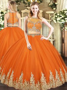 Scoop Sleeveless Quinceanera Gowns Floor Length Beading and Appliques Orange Red Tulle