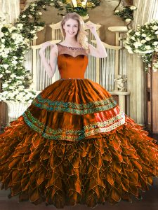 Eye-catching Ball Gowns Ball Gown Prom Dress Rust Red Scoop Organza and Taffeta Sleeveless Floor Length Zipper