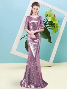 Fuchsia Half Sleeves Sequins Floor Length Evening Dress