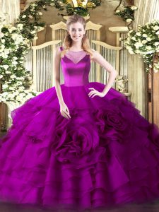 On Sale Fuchsia Organza Side Zipper Scoop Sleeveless Floor Length Quinceanera Dresses Beading and Ruffled Layers