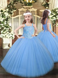Sleeveless Floor Length Beading Lace Up Pageant Gowns For Girls with Baby Blue