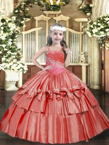 Adorable Floor Length Coral Red Little Girl Pageant Gowns Organza Sleeveless Beading and Ruffled Layers