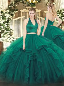 Extravagant Dark Green Quinceanera Gown Military Ball and Sweet 16 and Quinceanera with Ruffles Halter Top Sleeveless Zi