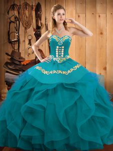 Ideal Sleeveless Organza Floor Length Lace Up 15 Quinceanera Dress in Teal and Turquoise with Embroidery and Ruffles