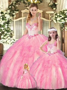 Baby Pink Ball Gowns Beading and Ruffles 15 Quinceanera Dress Lace Up Organza Sleeveless Floor Length