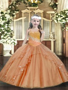 Graceful Rust Red Ball Gowns Tulle Straps Sleeveless Beading and Ruffles and Sequins Floor Length Lace Up Pageant Gowns 