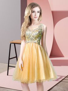 Custom Fit Gold Tulle Zipper Scoop Sleeveless Knee Length Prom Dresses Beading