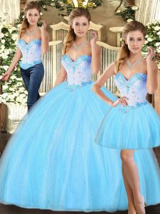 Baby Blue Sweetheart Lace Up Beading Ball Gown Prom Dress Sleeveless