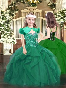 Beading and Ruffles Little Girls Pageant Dress Dark Green Lace Up Sleeveless Floor Length
