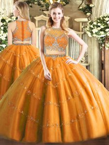 Orange Tulle Zipper Scoop Sleeveless Floor Length Sweet 16 Dress Beading
