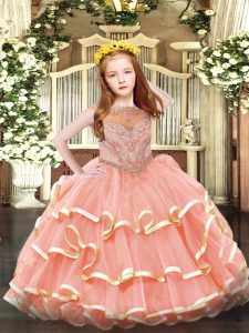 Organza Scoop Sleeveless Zipper Beading and Ruffled Layers Girls Pageant Dresses in Watermelon Red