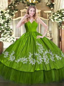 Designer V-neck Sleeveless Zipper Sweet 16 Dresses Olive Green Satin and Tulle