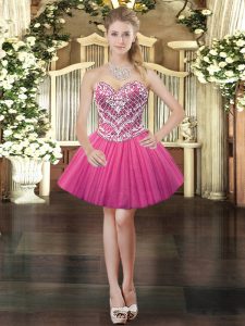 Sweetheart Sleeveless Prom Gown Mini Length Beading Hot Pink Tulle