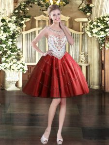 Wonderful Scoop Sleeveless Dress for Prom Mini Length Beading Wine Red Tulle