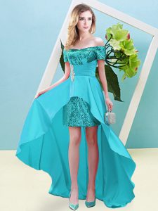 Empire Homecoming Dress Aqua Blue Off The Shoulder Elastic Woven Satin and Sequined Short Sleeves High Low Lace Up