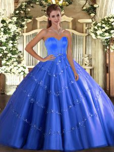 Inexpensive Sleeveless Floor Length Beading and Appliques Lace Up Sweet 16 Quinceanera Dress with Blue