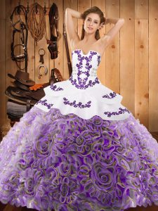 Strapless Sleeveless Quinceanera Dresses With Train Sweep Train Embroidery Multi-color Satin and Fabric With Rolling Flo