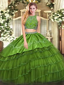 Sleeveless Tulle Floor Length Zipper Sweet 16 Quinceanera Dress in Olive Green with Beading and Embroidery and Ruffled L