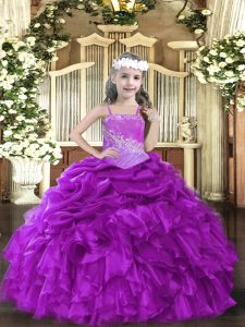 Floor Length Purple Girls Pageant Dresses Straps Sleeveless Lace Up