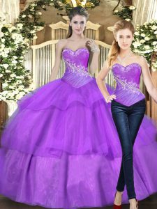 Eggplant Purple Lace Up Quinceanera Gowns Beading and Ruffled Layers Sleeveless Floor Length