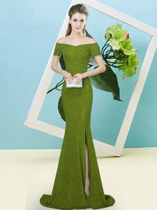 Olive Green Sequined Zipper Prom Gown Short Sleeves Sweep Train Sequins