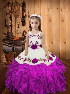 Fuchsia Straps Lace Up Embroidery and Ruffles and Hand Made Flower Little Girls Pageant Dress Sleeveless