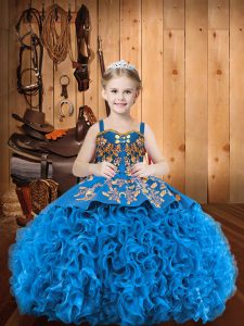 Blue Straps Neckline Embroidery Little Girl Pageant Dress Sleeveless Lace Up