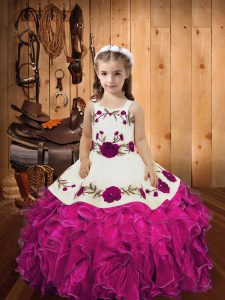 Straps Sleeveless Organza Pageant Dress for Teens Embroidery and Ruffles Lace Up