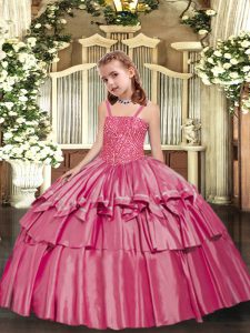 High Quality Taffeta Straps Sleeveless Lace Up Beading and Ruffled Layers Girls Pageant Dresses in Rose Pink