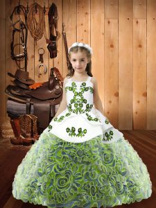 Luxurious Multi-color Fabric With Rolling Flowers Lace Up Glitz Pageant Dress Sleeveless Floor Length Embroidery and Ruf