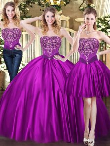 Sleeveless Floor Length Beading Lace Up Quinceanera Gowns with Purple