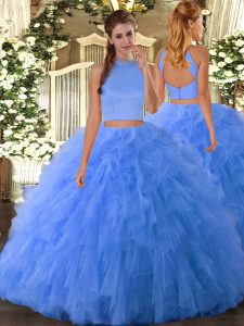 Luxurious Sleeveless Tulle Floor Length Backless Quinceanera Gowns in Baby Blue with Beading and Ruffles