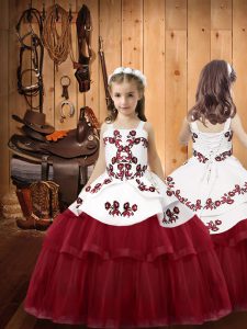 Pretty Burgundy Lace Up Pageant Gowns For Girls Embroidery Sleeveless Floor Length