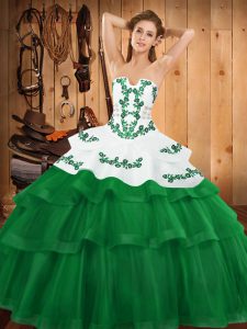 Most Popular Green Ball Gowns Embroidery and Ruffled Layers 15th Birthday Dress Lace Up Tulle Sleeveless