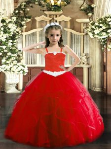 Unique Red Straps Lace Up Appliques and Ruffles Kids Pageant Dress Sleeveless