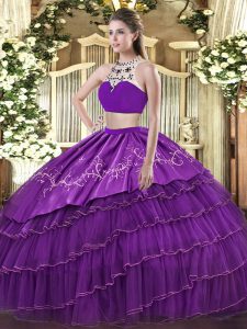 Spectacular Sleeveless Floor Length Beading and Embroidery and Ruffled Layers Backless Quinceanera Gowns with Purple