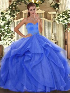 Sweetheart Sleeveless Tulle Ball Gown Prom Dress Beading and Ruffles Lace Up