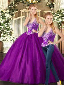 Sleeveless Floor Length Beading Lace Up Sweet 16 Quinceanera Dress with Purple