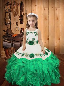 Turquoise Straps Lace Up Embroidery and Ruffles Kids Pageant Dress Sleeveless