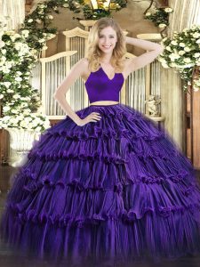 Latest Floor Length Two Pieces Sleeveless Purple Sweet 16 Dresses Zipper