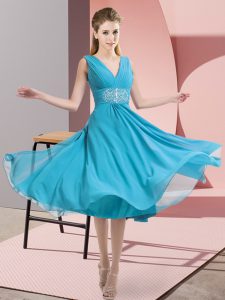 Knee Length Aqua Blue Bridesmaid Dress V-neck Sleeveless Side Zipper