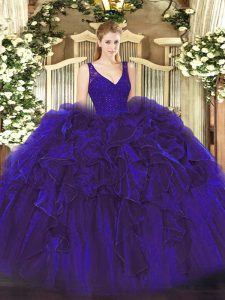 Organza V-neck Sleeveless Backless Beading and Lace and Ruffles Quince Ball Gowns in Purple