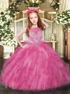 Hot Pink Ball Gowns Beading and Ruffles Little Girls Pageant Gowns Zipper Tulle Sleeveless Floor Length