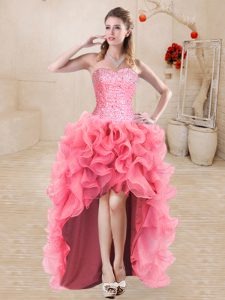 Decent High Low Watermelon Red Party Dress for Toddlers Organza Sleeveless Beading and Ruffles