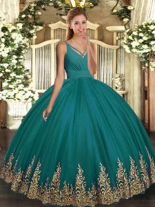 Floor Length Turquoise Sweet 16 Dresses Tulle Sleeveless Appliques