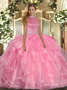 High End Watermelon Red Backless Halter Top Beading and Ruffles Sweet 16 Dresses Organza Sleeveless