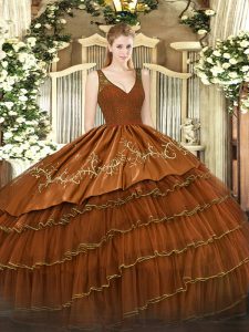 Stunning V-neck Sleeveless Quinceanera Dress Floor Length Beading and Lace and Embroidery and Ruffled Layers Rust Red Or