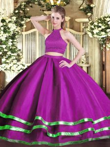 Fashionable Fuchsia Ball Gowns Beading Quinceanera Gowns Backless Tulle Sleeveless Floor Length