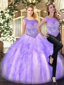 Eye-catching Lilac Ball Gowns Scoop Sleeveless Tulle Floor Length Zipper Beading and Ruffles Ball Gown Prom Dress