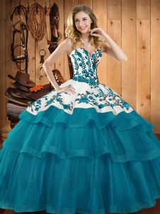 Cheap Sleeveless Embroidery Lace Up 15th Birthday Dress with Teal Sweep Train